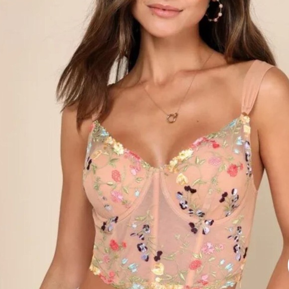 Lulus Sultry Beauty Beige Floral Embroidered Mesh Bustier Top - Picture 2 of 7